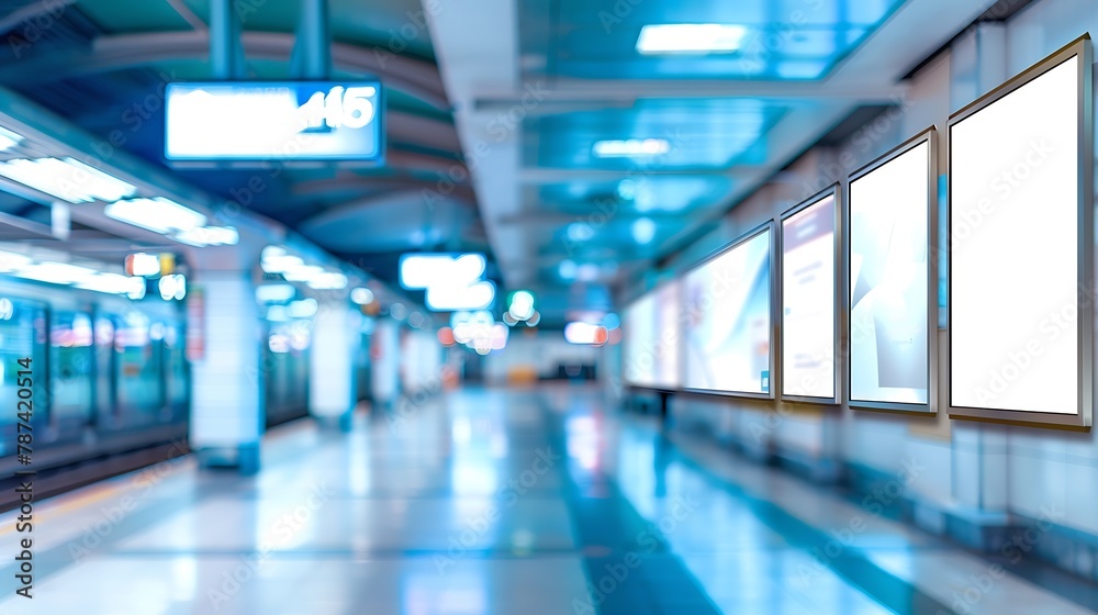 Fototapeta premium Two Bank billboards indoors of metro or airport hall advertising mock up public information board Blur Background : Generative AI