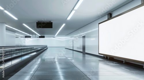 A baggage claim area in a hall of a contemporary airport arrival zone with luggage conveyor belt and a mockup of a long white empty advertising or information billboard and tv plasma s : Generative AI photo