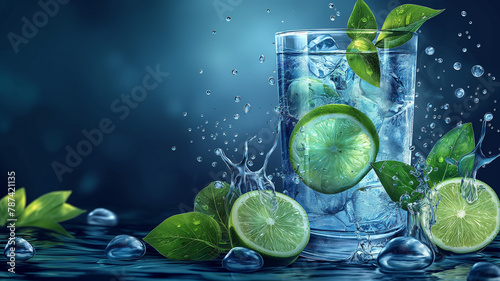Fresh cool water in glass with ice cubes and lime with green leaves on blue background. National Hydration Day concept 