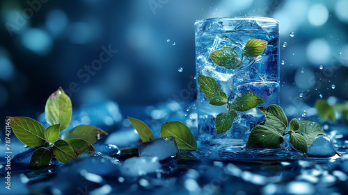 Fresh cool water in glass with ice cubes and lime with green leaves on blue background. National Hydration Day concept 