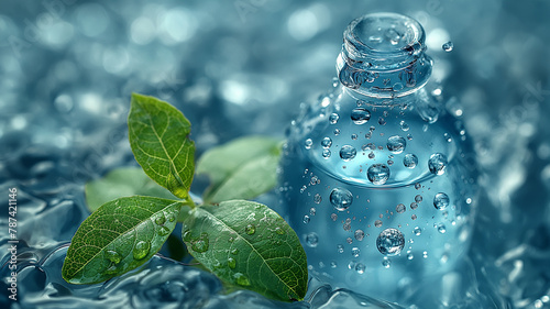 Fresh cool water in bottle with green leaves on blue background. National Hydration Day concept 