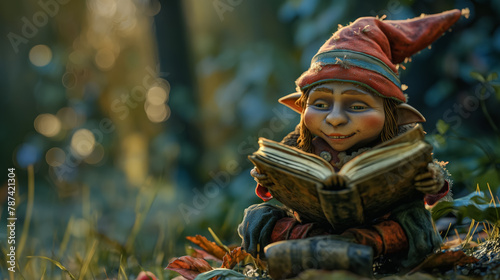 Whimsical gnome figurine sits outdoors, deeply engrossed in an open book, surrounded by nature's glow.