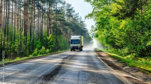 An electric truck carries cargo along a forest road. A cleaner forest road: The electric truck leaves no trace of pollution as it travels along the forest road, preserving the pristine beauty of