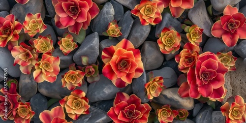 Eye-catching image of red succulents nestled among smooth stones, highlighting contrast and natural beauty photo