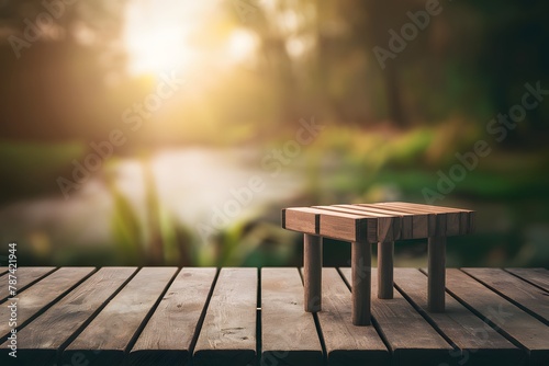 Morning serenity empty wooden table against blurred morning backdrop