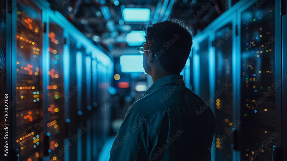 Man in glasses and a shirt stands inside a server room, with racks of computer equipment illuminated by blue lights. Man in glasses and a shirt stands inside a server room, with racks of computer equipment illuminated by blue lights.