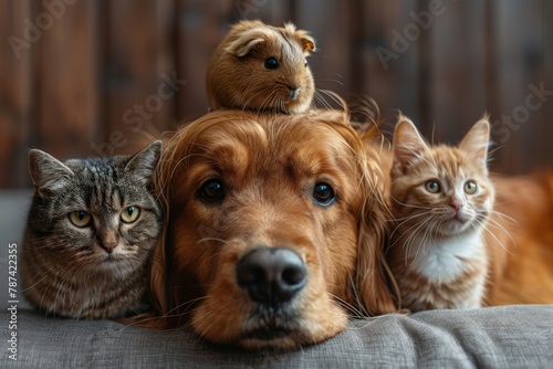 A whimsical stack of a parakeet, guinea pig, and cat on a dog's head, showcasing the delightful possibilities of animal harmony,Minimalist interiors photo