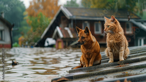 Wet cat and dog sitting on roof of flooded house in flooded village