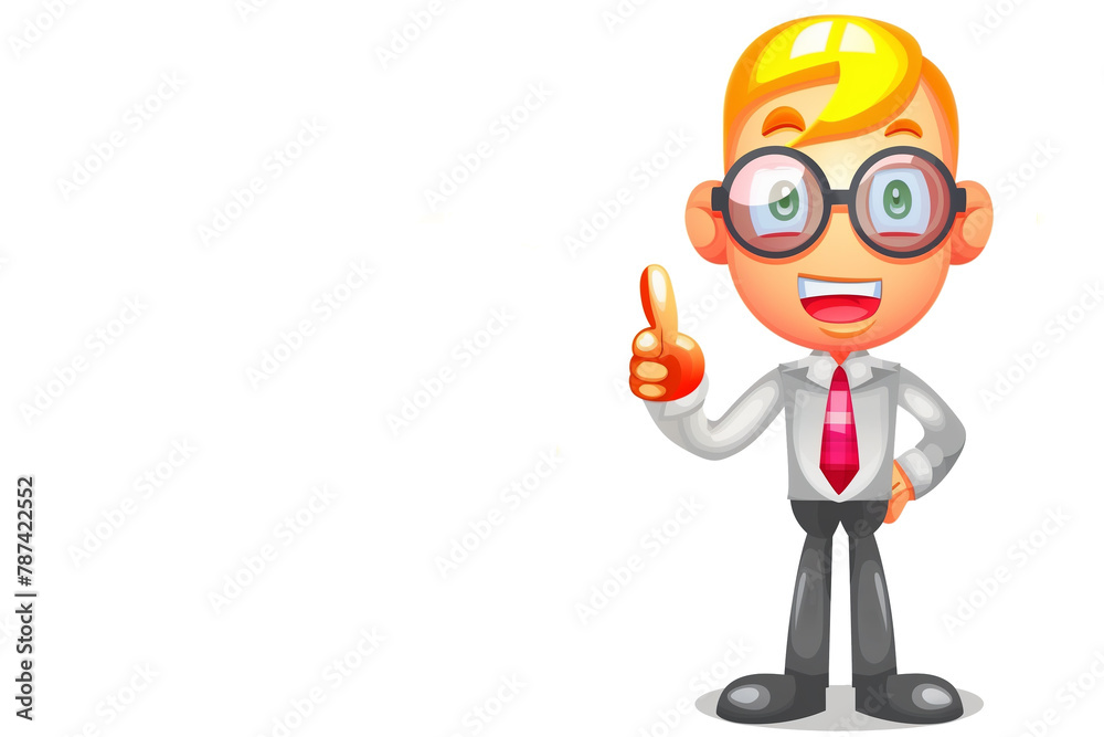 A cartoon man with glasses and a red tie is giving a thumbs up. The image is white and the man is smiling. white background A cartoon man with glasses and a red tie is giving a thumbs up. The image is white and the man is smiling. white background