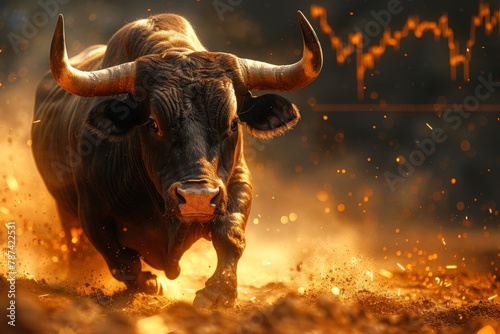 In the dynamic dance of finance, a formidable bull with the Bitcoin emblem races ahead, stock market charts soaring behind,Silhouette storytelling photo