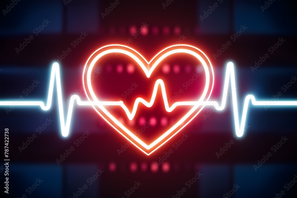 Neon heart on blurred screen with heart rate waves
