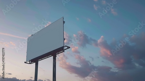 Blank white billboard on blue sky background at evening perspective view Mockup advertising concept : Generative AI photo