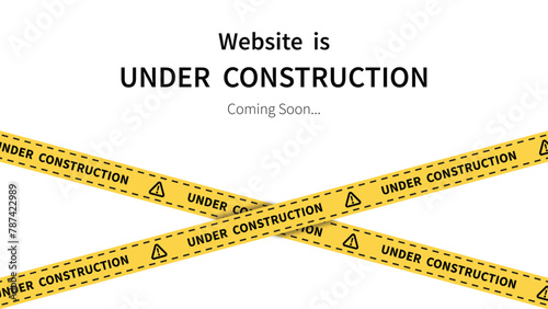 Website in under construction banner. Web page building image with text and yellow tape. Modern vector on transparent background.