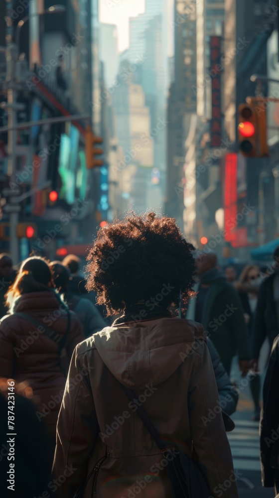 a diverse group of people walks along the streets of a futuristic city, captured from behind with an over-the-shoulder perspective
