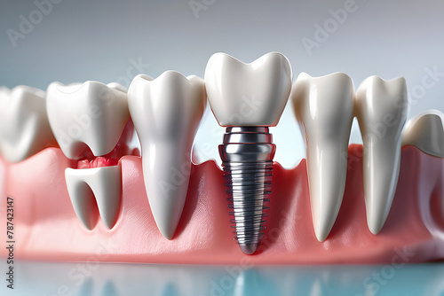 imitation of a dental prosthesis of a dental bridge for three teeth with a metal screw implant on a blue background, macro.