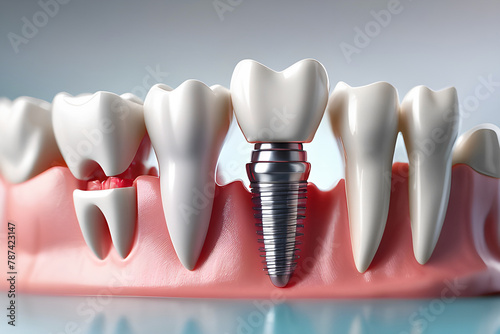 imitation of a dental prosthesis of a dental bridge for three teeth with a metal screw implant on a blue background, macro. photo