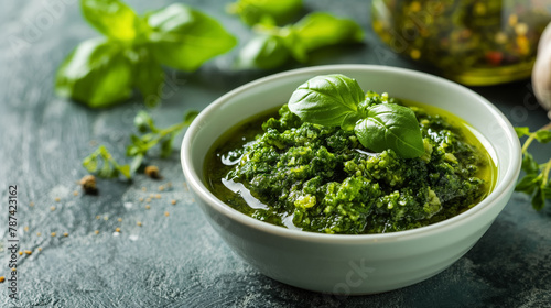 Fresh green basil pesto in a ceramic bowl garnished with basil leaves, ready to enhance a variety of dishes.