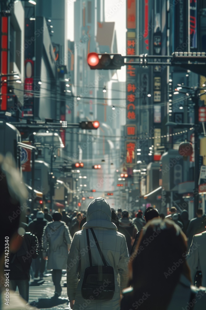 a diverse group of people walks along the streets of a futuristic city, captured from behind with an over-the-shoulder perspective
a diverse group of people walks along the streets of a futuristic city, captured from behind with an over-the-shoulder perspective
