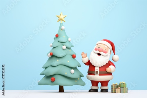 A heartwarming 3D cartoon illustration in pastels, featuring Santa Claus and a sparkling Christmas tree cute, animation, technicolor, illustration