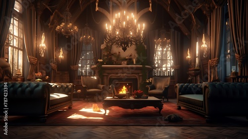 an AI-generated image of a gothic-inspired living room featuring dramatic high ceilings  a blazing fireplace  a stately leather sofa  and ornate chandeliers illuminating the opulent rococo decor