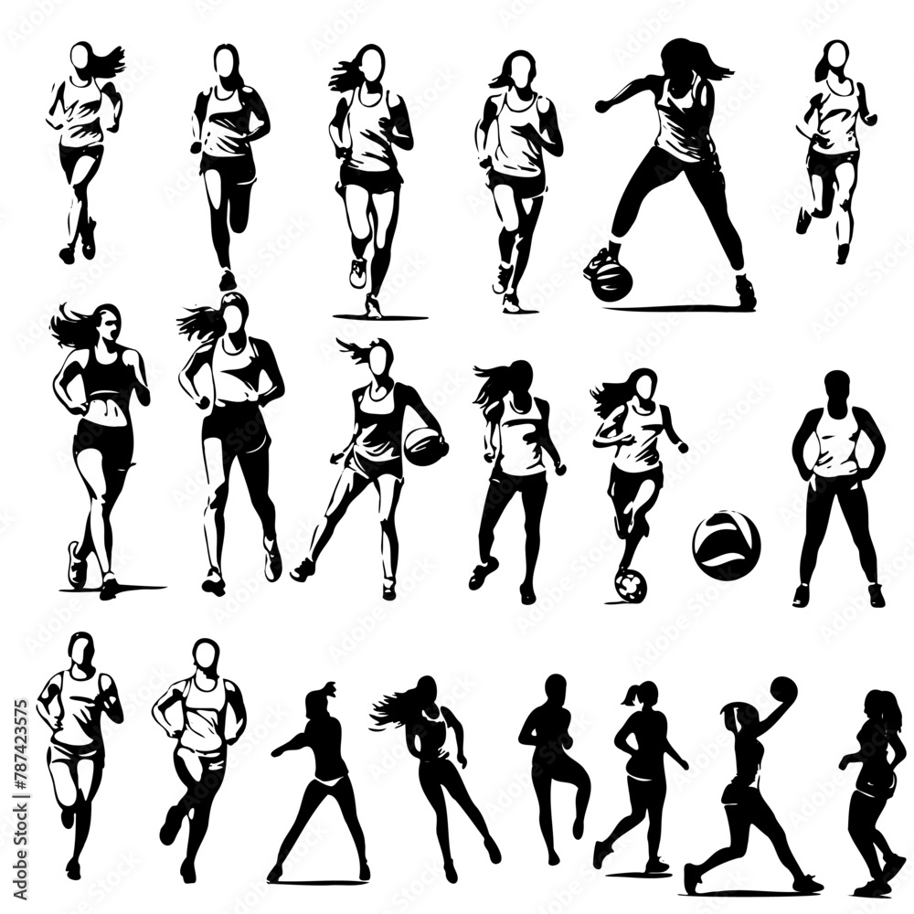 A series of silhouettes of women playing sports. Scene is energetic and active