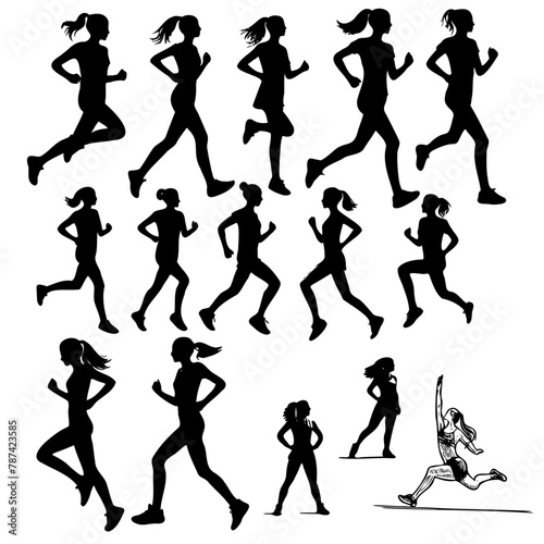 A series of silhouettes of women running. Scene is energetic and active. The idea behind the image is to showcase the athleticism and determination of women runners