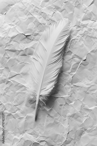A minimalist shot of a feather quill inked and ready for writing, on a white parchment ,close up