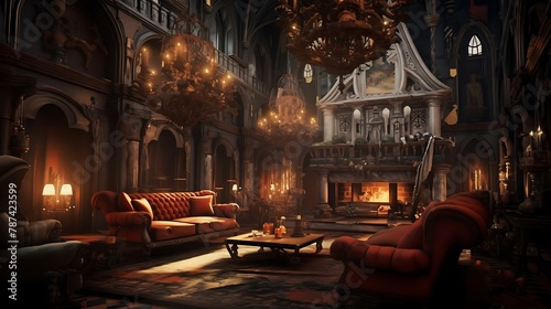 an AI-generated image of a gothic-inspired living room featuring dramatic high ceilings, a blazing fireplace, a stately leather sofa, and ornate chandeliers illuminating the opulent rococo decor
