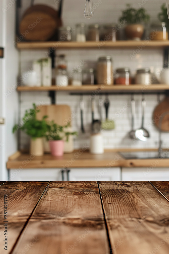 Wooden table top with blurred Asian kitchen interior background, copy space, wide view