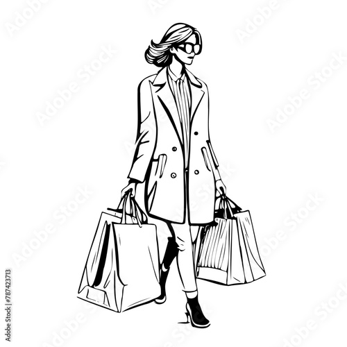 A woman is walking down the street with two shopping bags. She is wearing a coat and glasses © Екатерина Переславце