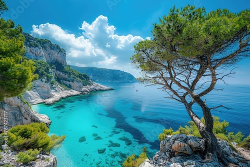 a landscape with the view of water from cliffs