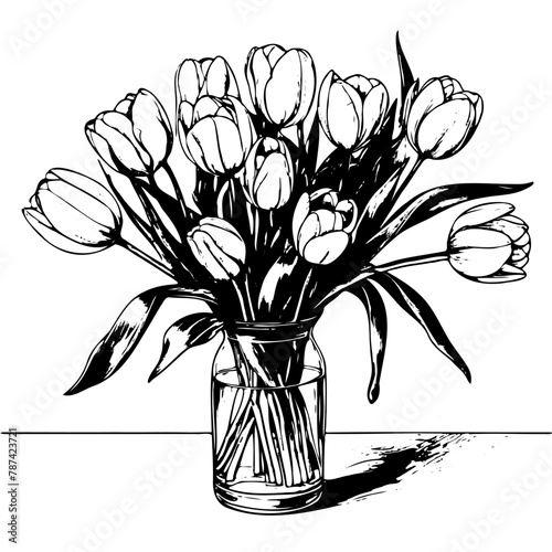 A vase of tulips sits on a table. The flowers are black and white, and the vase is clear. Concept of elegance and simplicity, as the focus is on the beauty of the flowers © Екатерина Переславце