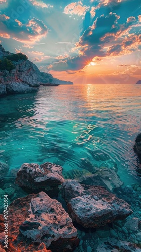 a landscape with the view of water from cliffs