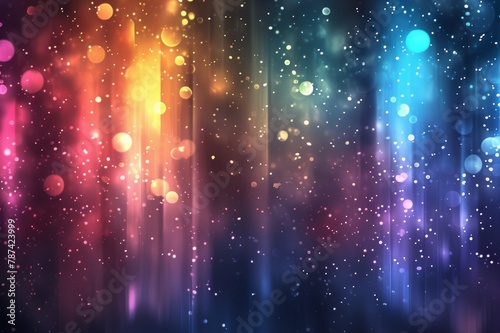 Digital background with multicolor particles  bokeh and shiny star dots.