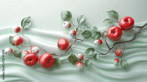 beautiful fresh a branch of Apple with River made from metal , pastel red white and green, minimalist style