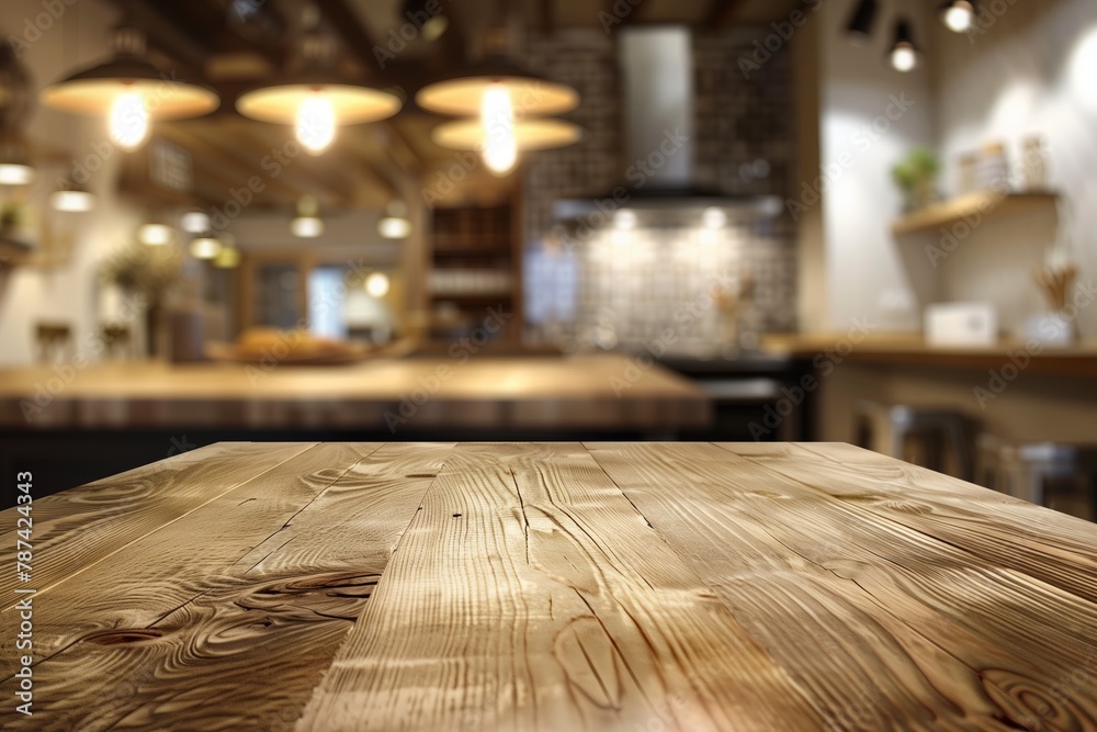Elegant wooden surface with blurry restaurant
