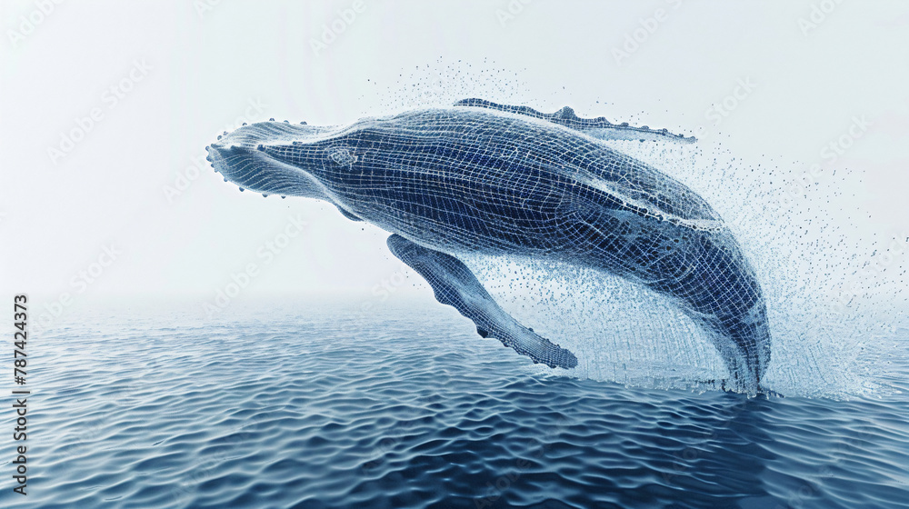 Blue wireframe humpback whale breaching surface of ocean with splash ...