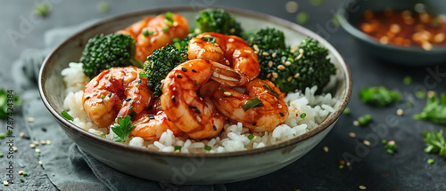 Photo of honey hijiki prawns and broccoli with rice in bowl, on plain black background, top view, close up, high angle shot