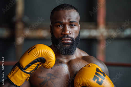 black strong heavyweight boxer with gloves by the training in the gym photo