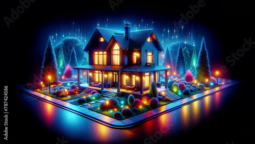 A house with a porch and a tree in front of it. The house is lit up with lights and the street is lit up as well