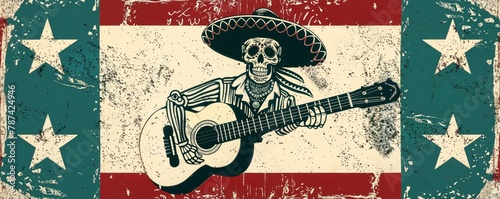 Sugar skull skeleton playing the guitar retro graphic poster. Mexican Independence, Cinco de Mayo, Day of the Dead, Hispanic heritage month or music or cultural festivals panoramic background banner