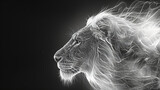 Monochrome profile of a digital art lion with dynamic line design on a black background. Wildlife elegance concept. Design for poster, digital art, and print