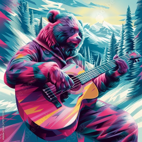 A psychedelic bear playing the guitar in the snow