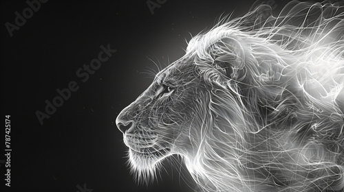 Monochrome profile of a digital art lion with dynamic line design on a black background. Wildlife elegance concept. Design for poster, digital art, and print photo