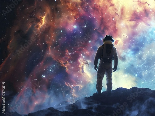 Lone Astronaut Gazes into Vast Cosmic Expanse Transfixed by Ethereal Nebula and Boundless Stars photo