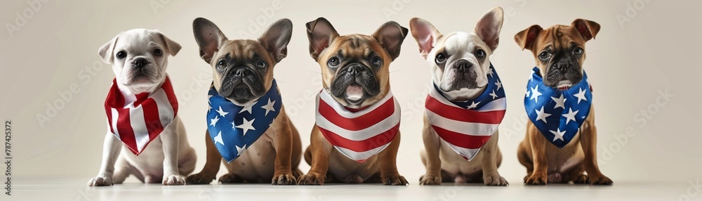 A row of five French bulldogs wearing American flag bandanas.