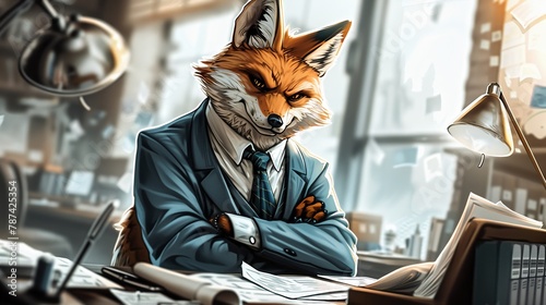 A red fox wearing a blue suit and tie is sitting at a desk in an office. He has his arms crossed and is looking at the camera with a sly expression on his face.