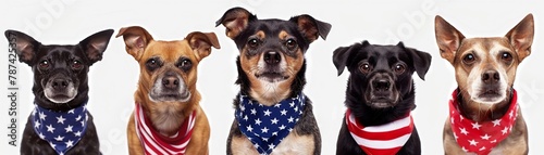 A row of five dogs wearing patriotic bandanas. photo