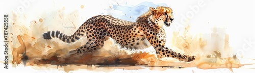 A watercolor painting of a cheetah running in the savanna.