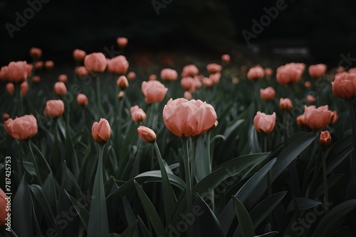 StockImage Close up of blooming flowerbeds on dark moody floral background